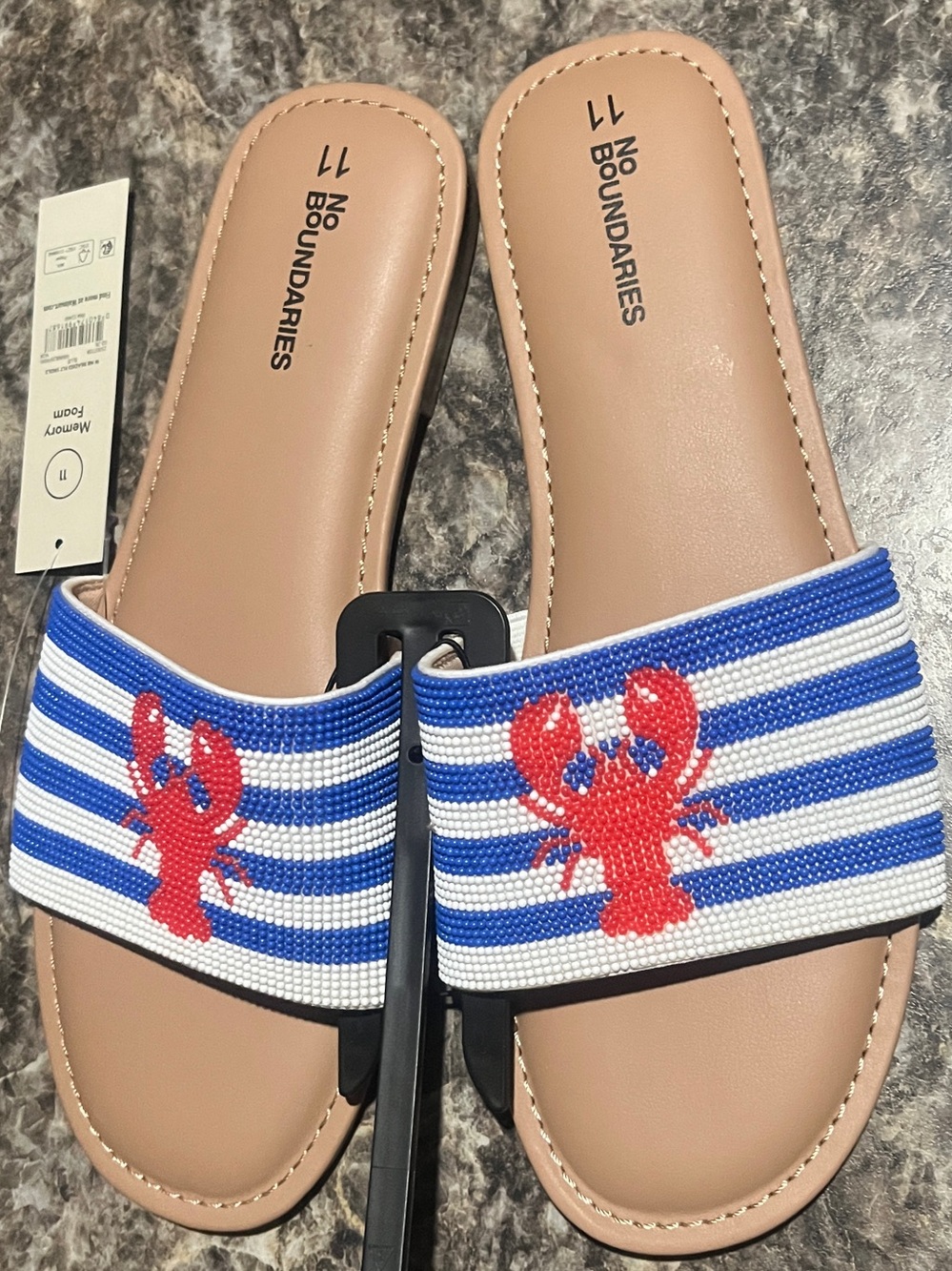 No Boundaries Blue & White Stripe Slide Sandals with Red Lobster Accent